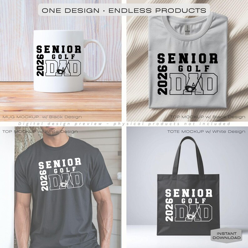Senior Golf Dad 2026 PNG digital design in a varsity-style layout with bold athletic lettering and solid block text, shown on a transparent background for printing on shirts and other physical products