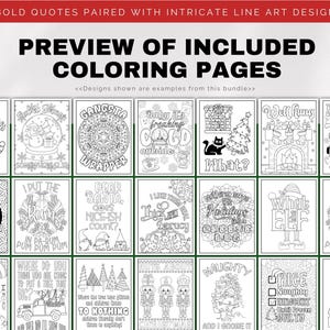 Sarcastic Christmas adult coloring bundle featuring bold holiday quotes and intricate line art, printable digital download.