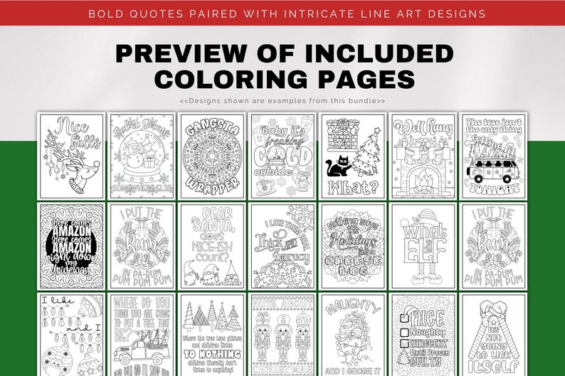 Sarcastic Christmas adult coloring bundle featuring bold holiday quotes and intricate line art, printable digital download.
