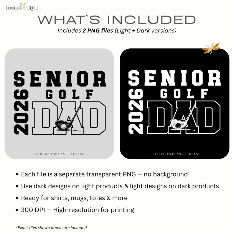 Senior Golf Dad 2026 PNG digital design in a varsity-style layout with bold athletic lettering and solid block text, shown on a transparent background for printing on shirts and other physical products