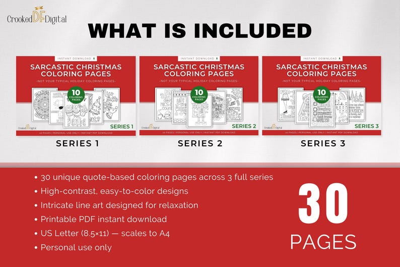 Sarcastic Christmas adult coloring bundle featuring bold holiday quotes and intricate line art, printable digital download.
