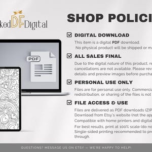May include: Digital download shop policies displayed on a laptop and tablet. The image includes the text "SHOP POLICIES" and details about digital downloads, sales, and file usage. A PDF document is shown on the laptop screen.