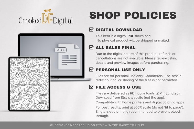 May include: Digital download shop policies displayed on a laptop and tablet. The image includes the text "SHOP POLICIES" and details about digital downloads, sales, and file usage. A PDF document is shown on the laptop screen.