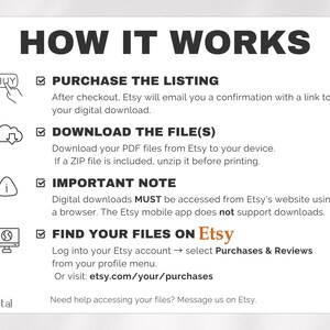 May include: White graphic with the text "HOW IT WORKS" and instructions for digital downloads from Etsy. Steps include purchasing, downloading files, important notes, and finding files on Etsy.