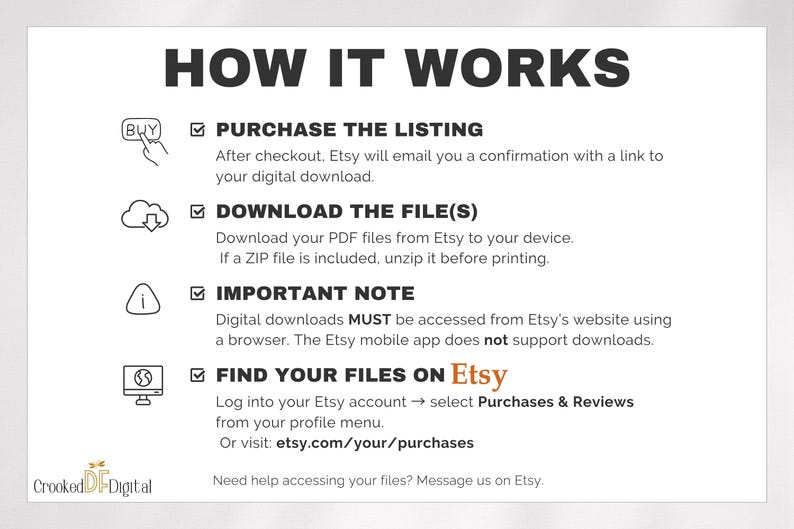 May include: White graphic with the text "HOW IT WORKS" and instructions for digital downloads from Etsy. Steps include purchasing, downloading files, important notes, and finding files on Etsy.