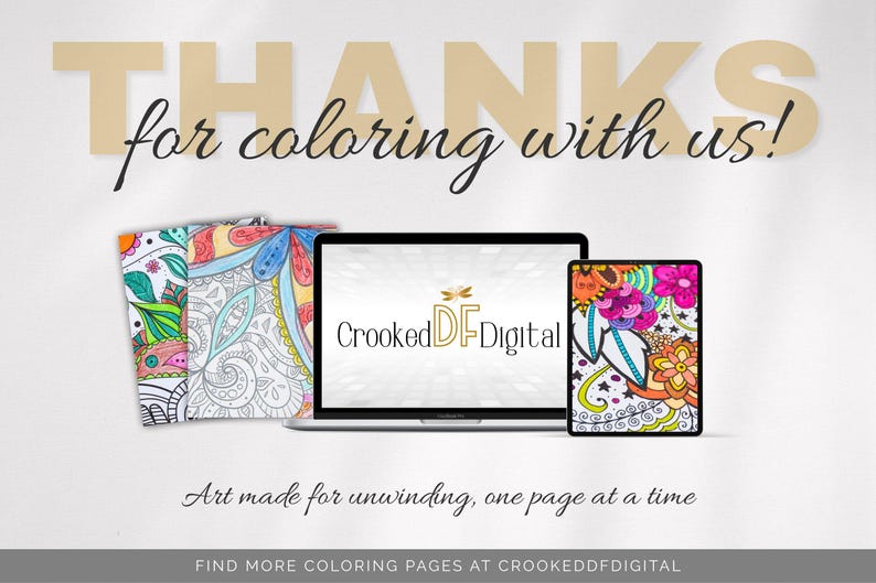 May include: Image features a laptop, tablet, and coloring books with intricate designs. The text "THANK for coloring with us!" is displayed above the products. The brand name "Crooked DF Digital" is also visible.