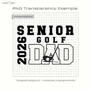 Senior Golf Dad 2026 PNG digital design in a varsity-style layout with bold athletic lettering and solid block text, shown on a transparent background for printing on shirts and other physical products