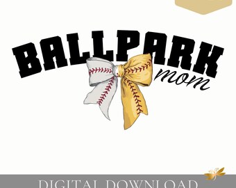 Ballpark Mom PNG | Block Letter Design, Baseball Softball Bow Coquette (Digital Download)