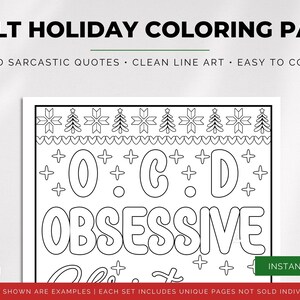 May include: Black and white coloring page with the text "ADULT HOLIDAY COLORING PAGES". The page features the word "OCD OBSESSIVE" in large letters, with holiday-themed decorations. The text "INSTANT DOWNLOAD" is also visible.