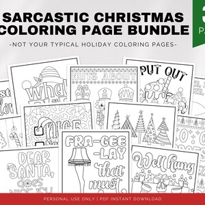 Sarcastic Christmas adult coloring bundle featuring bold holiday quotes and intricate line art, printable digital download.