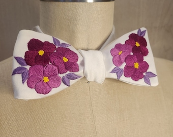 Self-tie and pre-tie bow tie | Hand embroidery pink flowers with purple leaves on eggshell satin | embroidered bowtie