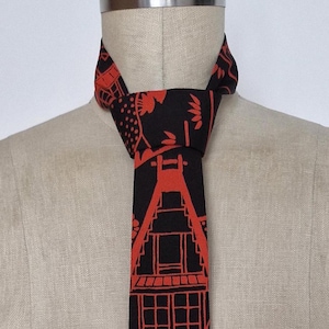 Tailored skinny necktie | vintage Japanese kimono silk | 64 inches long | black and red scenery