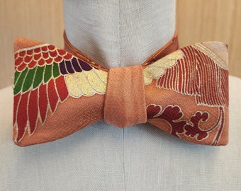 Silk self-tie bow tie | Vintage Japanese kimono silk | beautiful bright colorful flying pheonix on orange background oriental print *