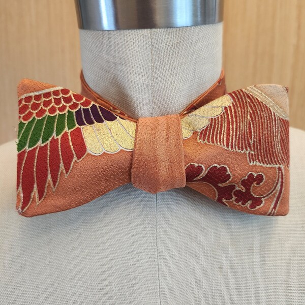 Silk self-tie bow tie | Vintage Japanese kimono silk | beautiful bright colorful flying pheonix on orange background oriental print *