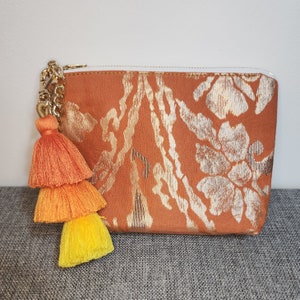Seidenhandgelenktasche | Vintage japanischer Obi Stoff Seide | Orange, braun und gold robuste Textur 18x14cm
