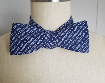 Self-tie and pre-tie bow tie | Boy Scout of America| Scout oath | white text on dark blue
