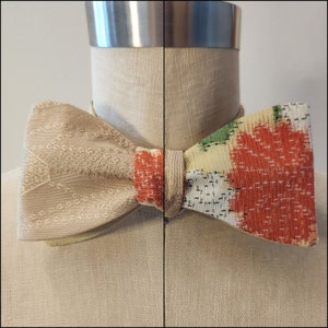 2 different sides | Silk self-tie bow tie | Vintage Japanese kimono silk | orange and beige floral