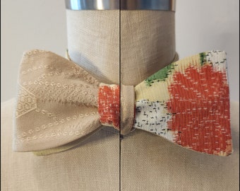 2 different sides | Silk self-tie bow tie | Vintage Japanese kimono silk | orange and beige floral