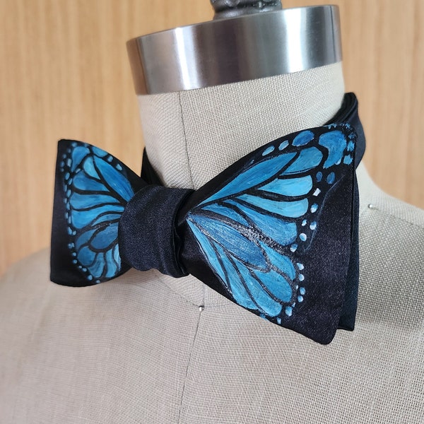 Self-tie and pre-tie bow tie | black Satin | Hand painted blue butterfly on black background