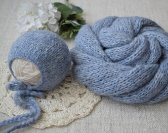 Newborn Bonnet,  Newborn Wrap, Fog Blue Wrap