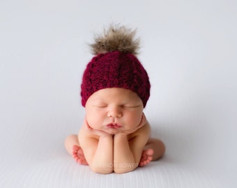 Newborn Hat, Pom-Pom Hat, Cable Beanie, Red Hat, Photo Prop