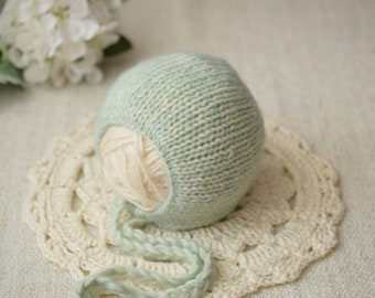 READY TO SHIP Newborn Bonnet, Newborn Hat, Light Mint Bonnet