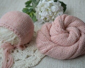 Newborn Bonnet,  Newborn Wrap, Light Lilac Wrap, Pink Bonnet