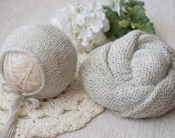 Newborn Bonnet,  Newborn Wrap, Light Grey Wrap
