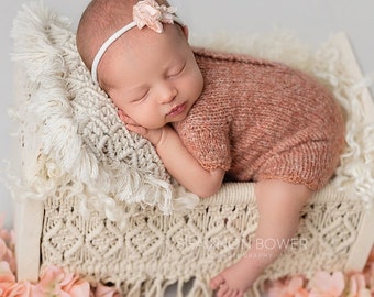 Newborn Short Sleeved Outfit, Newborn Bonnet, Lace Bonnet, Photo Prop, Yellow Short Romper