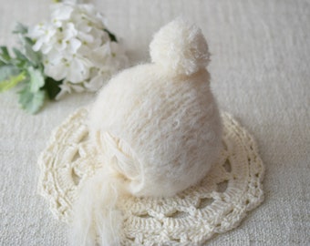 Newborn Bonnet,  PomPom Bonnet, Newborn Wrap, Off White Hat