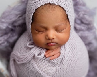 Newborn Bonnet,  Newborn Wrap, Light Lilac Wrap, Lilac Bonnet