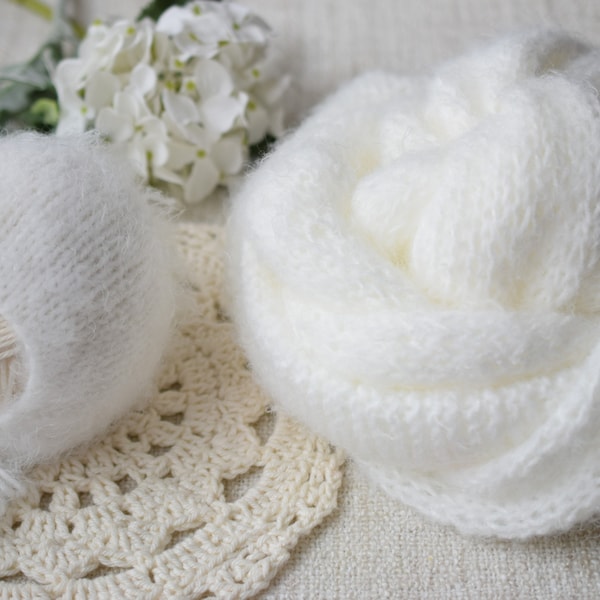 Newborn Bonnet, Newborn Wrap, Fuzzy Wrap, Long Wrap, Off White Wrap