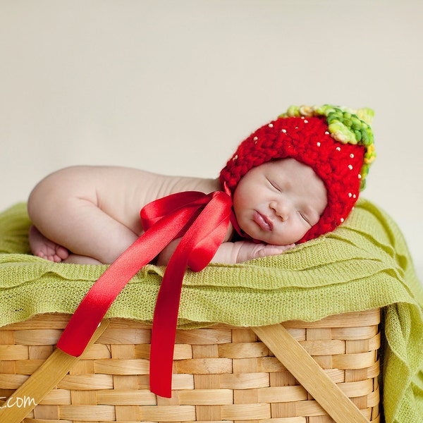 Strawberry Bonnet, Newborn Hat, Red, Green, Unique Photo Prop