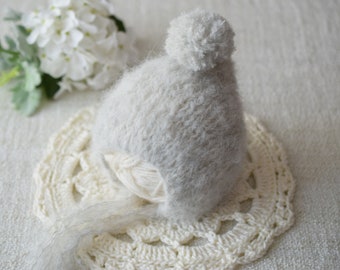 Newborn Bonnet,  PomPom Bonnet, Newborn Wrap, Light Grey Fuzzy Hat