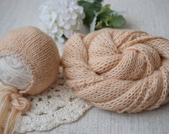 Newborn Bonnet,  Newborn Wrap, Light Peach