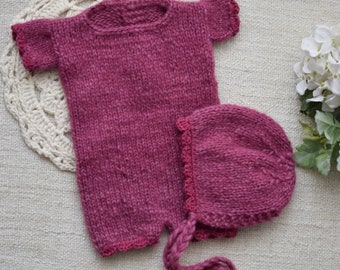 Newborn Short Sleeved Outfit, Newborn Bonnet, Lace Bonnet, Photo Prop, Dark Pink Short Romper