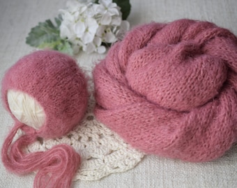 Newborn Bonnet, Newborn Wrap, Fuzzy Wrap, Long Wrap, Dark Pink Wrap