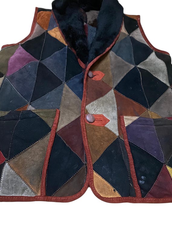Suede Leather Patchwork Cubism Pattern Shearling … - image 3