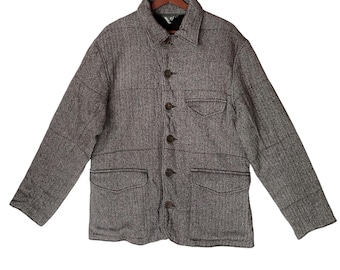 Giacca in lana pesante con bottoni, stile militare, con motivo a spina di pesce, vintage, 45 giri al minuto.