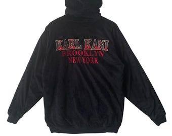 Felpa vintage Karl Kani con logo grande ricamato, reversibile in velluto.