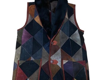 Suede Leather Patchwork Cubism Pattern Shearling Sleeveless Jacket