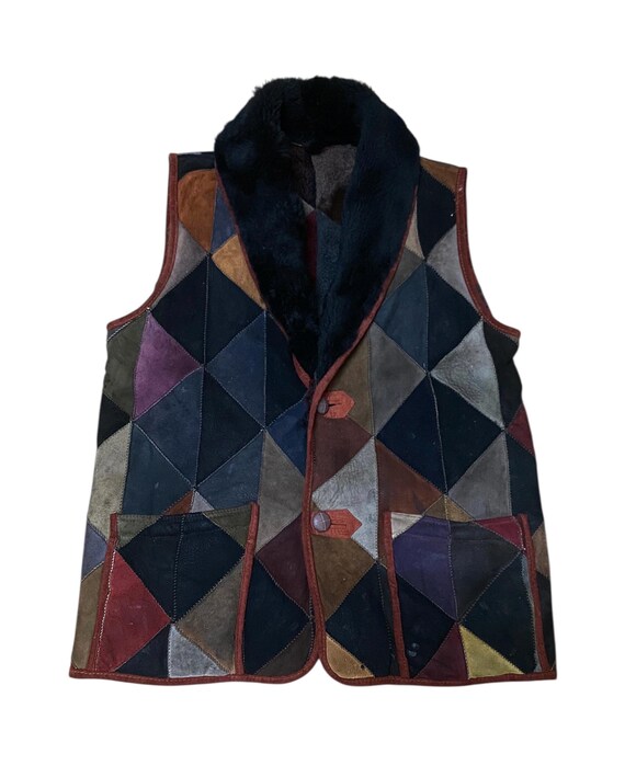Suede Leather Patchwork Cubism Pattern Shearling … - image 1