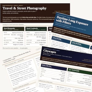 May include: A collection of photography cheat sheets with titles like "Travel & Street Photography" and "Cityscapes." The sheets provide settings and tips for various photography scenarios, including street, travel, and cityscape photography. The sheets are white with black and blue text.