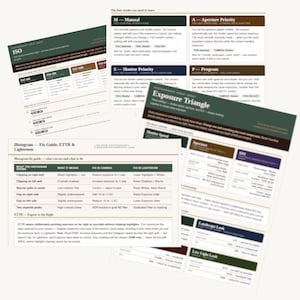 May include: A collection of photography cheat sheets with text including "ISO", "Histogram", "Exposure Triangle", and "Low Light Look". The sheets are in various colors, including green, brown, and white, and provide information on camera settings.