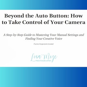 以下が含まれることがあります： 「Beyond the Auto Button: How to Take Control of Your Camera」というタイトルの本の表紙。表紙には「A Step-by-Step Guide to Mastering Your Manual Settings and Finding Your Creative Voice」というテキストも含まれています。著者の名前はLisa Mize Photographyです。