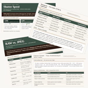 May include: Several photography cheat sheets with text and diagrams. Topics include shutter speed, RAW vs. JPEG, and exposure. The sheets are white with black and green text, offering quick photography tips and guides for photographers.