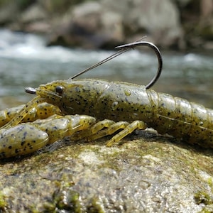 May include: A green and black soft plastic crawfish lure with a fishing hook attached, resting on a mossy rock. The lure is detailed with realistic features, and the background shows a flowing river.