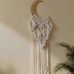 Macrame Moon Wall Hanging Boho Crescent Moon Decor Neutral Nursery Wall Art Handmade Fiber Tapestry