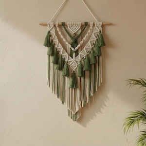 Large Macrame Wall Hanging 55x75 cm - Handmade Boho Wall Decor with Tassels, Green & Natural Fiber Art for Living Room