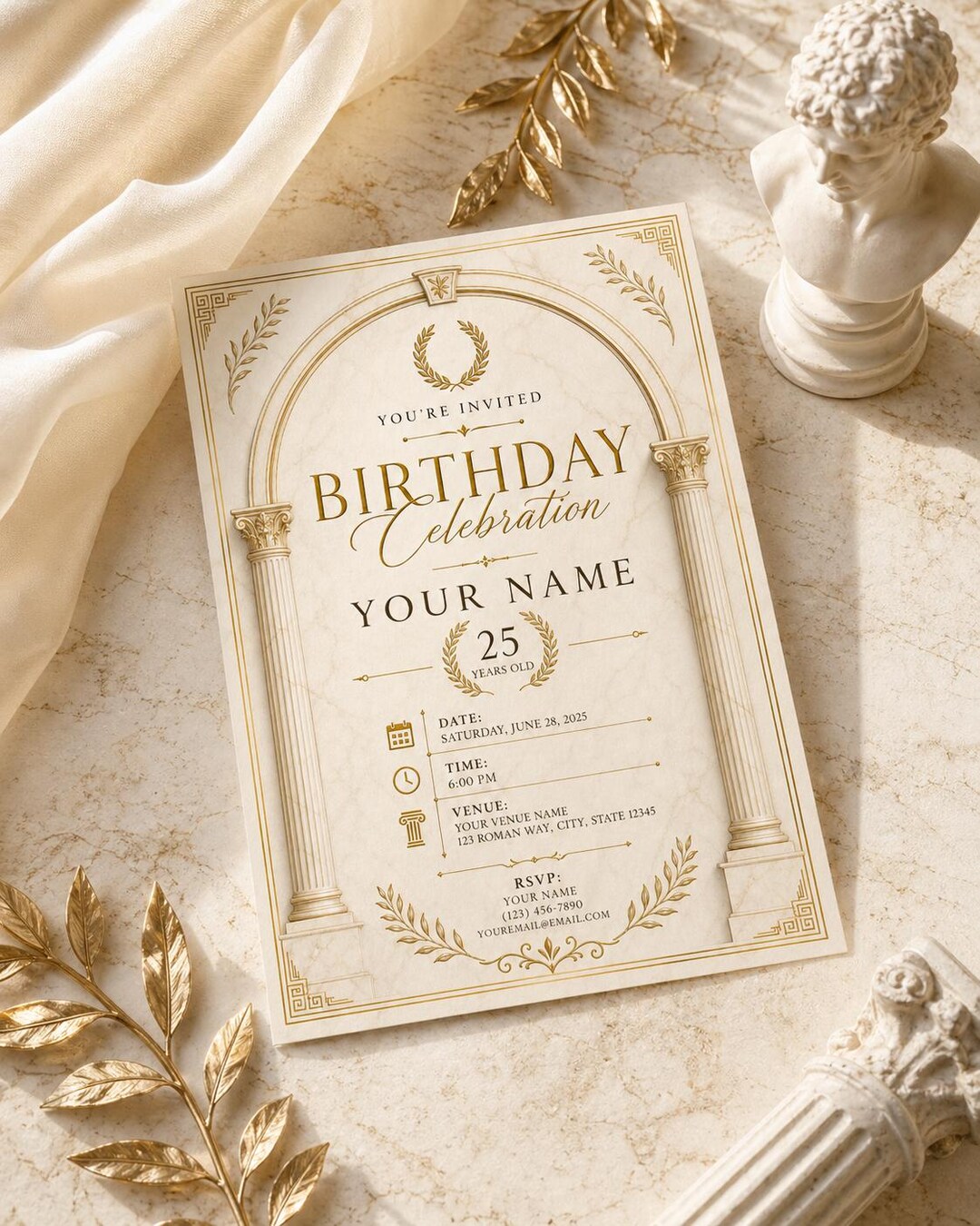 Elegant Roman Birthday Invitation Template, Gold Marble Luxury Invite ...